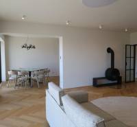 Obývací pokoj 4pokojového bytu s krbem a podlahou s dřevěným dekorem.