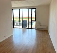 Světlý obývací pokoj s velkými okny a podlahou s dřevěným dekorem v 2-pokojovém bytě.