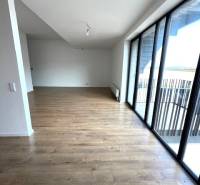 Obývací pokoj v 2-pokojovém bytě s podlahou s dřevěným dekorem a velkými okny.