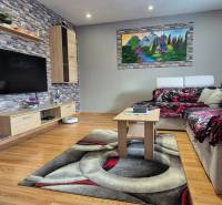 Obývací pokoj v rodinném domě s podlahou s dřevěným dekorem, kamenem na stěně a pohodlnou sedačkou.