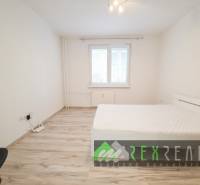 Světlá ložnice ve 3pokojovém bytě s podlahou s dřevěným dekorem a jednoduchým nábytkem.