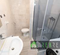 Koupelna ve 3-pokojovém bytě s umyvadlem, sprchovým koutem a pračkou.