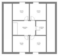 Půdorys rodinného domu se třemi ložnicemi, obývacím pokojem a koupelnou.