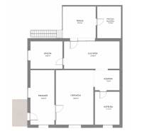 Půdorys rodinného domu v Hernádkaki s ložnicí, obývacím pokojem, kuchyní, terasou a koupelnou.