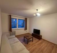 Obývací pokoj v 2-pokojovém bytě s pohovkou, televizorem a podlahou s dřevěným dekorem.