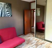 Pokoj s růžovou pohovkou, obraz zebry a zrcadlová skříň, podlaha s dřevěným dekorem.