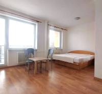 Garsonka s postelí, stolkem, židlemi a podlahou s dřevěným dekorem.