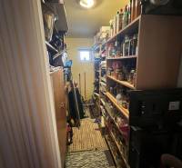 Úložný prostor v rodinném domě plný polic s domácími potřebami a čisticími prostředky.