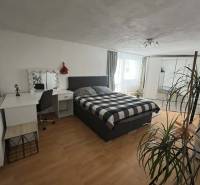 Ložnice v rodinném domě s podlahou s dřevěným dekorem, pracovním stolem a postelí.