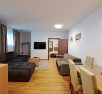 Obývací pokoj s pohovkou a televizí, vedle jídelního stolu, podlaha s dřevěným dekorem.