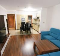 Obývací pokoj dvoupokojového bytu s podlahou s dřevěným dekorem a modrou sedačkou.