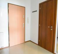 Předsíň s možná dlažbovou podlahou a dveřmi v 2-pokojovém bytě.