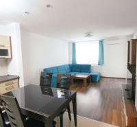 Obývací pokoj s modrou sedačkou, kuchyní a podlahou s dřevěným dekorem v 2-pokojovém bytě.