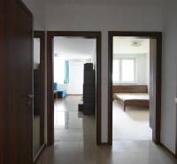 Chodba s podlahou v dekoru dlažby vede do obývacího pokoje a ložnice dvoupokojového bytu.