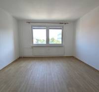 Prázdný pokoj s podlahou s dřevěným dekorem a velkým oknem v 1-pokojovém bytě.