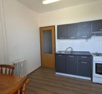 Kuchyně s šedou linkou a dřevěným stolem v 1-pokojovém bytě, podlaha s dřevěným dekorem.