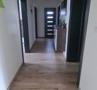 Chodba v rodinném domě s podlahou s dřevěným dekorem a zelenými detaily na stropě.