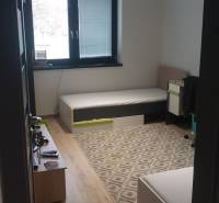 Pokoj v rodinném domě s podlahou s dřevěným dekorem, postele, kobereček a okno.