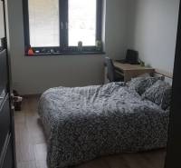 Ložnice v rodinném domě s postelí, pracovním stolem a podlahou s dřevěným dekorem.