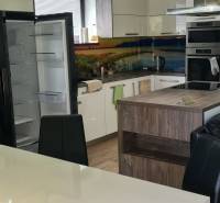 Kuchyně v rodinném domě s otevřenou lednicí, zeleným stropem a jídelním stolem.