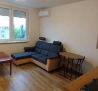 Obývací pokoj v jednopokojovém bytě s podlahou s dřevěným dekorem, pohovkou a stolem.