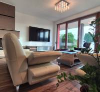 Obývací pokoj rodinného domu s koženou sedačkou, krbem, televizorem a podlahou s dřevěným dekorem.