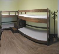 Pokoj v 3-pokojovém bytě s patrovou postelí, psacím stolem a podlahou s dřevěným dekorem.