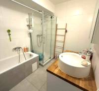 Koupelna s vanou, sprchovým koutem a umyvadlem na dřevěné desce ve 4-pokojovém bytě.