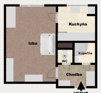 Půdorys 1-pokojového bytu s dispozicí pokoje, kuchyně, koupelny, WC a chodby.