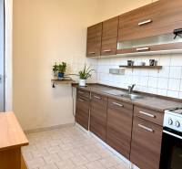 Kuchyně s linkou a sporákem v 1-pokojovém bytě, světlé dlaždice, dřevěný dekor.