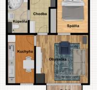 Půdorys 2-pokojového bytu s obývacím pokojem, kuchyní, koupelnou a balkonem.