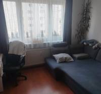 Garsonka s pohovkou, pracovním stolem a podlahou s dřevěným dekorem.