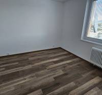 Pokoj v 3-pokojovém bytě s podlahou s dřevěným dekorem a oknem s výhledem.