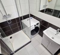 Koupelna s pračkou, sprchovým koutem a umyvadlem ve 3pokojovém bytě.