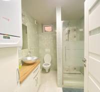 Koupelna v rodinném domě s umyvadlem, sprchovým koutem a toaletou, světlé dlažby.