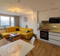 Obývací pokoj v 3-pokojovém bytě s pohovkou, vánočním stromkem a kuchyňskou linkou.