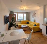 Obývací pokoj ve 3pokojovém bytě s podlahou s dřevěným dekorem a vánočním stromkem.