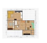 Půdorys 3pokojového bytu s podlahou s dřevěným dekorem, obsahuje koupelnu a kuchyň.