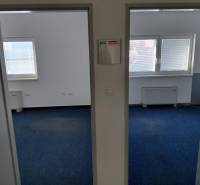 Interiér kanceláří s modrým kobercem a okny s roletami.