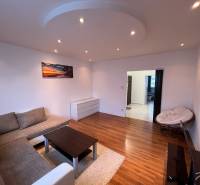 Obývací pokoj v 3-pokojovém bytě s pohodlnou sedačkou a podlahou s dřevěným dekorem.