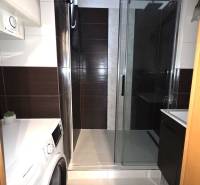 Koupelna v 3-pokojovém bytě se sprchovým koutem a pračkou.