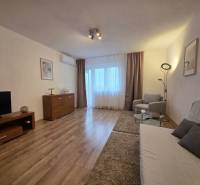 Obývací pokoj v 3-pokojovém bytě s podlahou s dřevěným dekorem a pohodlným nábytkem.