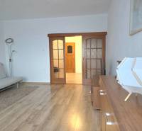 Podlaha s dřevěným dekorem, pohovka, skříňka a interiérové dveře v 3-pokojovém bytě.