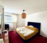 Ložnice v rodinném domě s červeným kobercem, modrou postelí a velkým oknem.