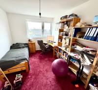 Pokoj v rodinném domě se stolem, postelí, policemi a červeným kobercem.