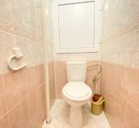 Koupelna v 2-pokojovém bytě se světlou dlažbou a toaletou.