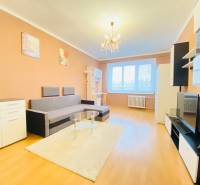 Obývací pokoj v 2-pokojovém bytě s podlahou s dřevěným dekorem, sedačka, nábytek, lustr.