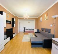 Obývací pokoj v 2pokojovém bytě s podlahou s dřevěným dekorem, pohovkou a televizí.