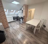 Interiér 1-pokojového bytu s podlahou s dřevěným dekorem a kuchyní s cihlovým obložením.