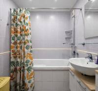 Koupelna se závěsem s listovým motivem ve 4-pokojovém bytě s vanou a umyvadlem.